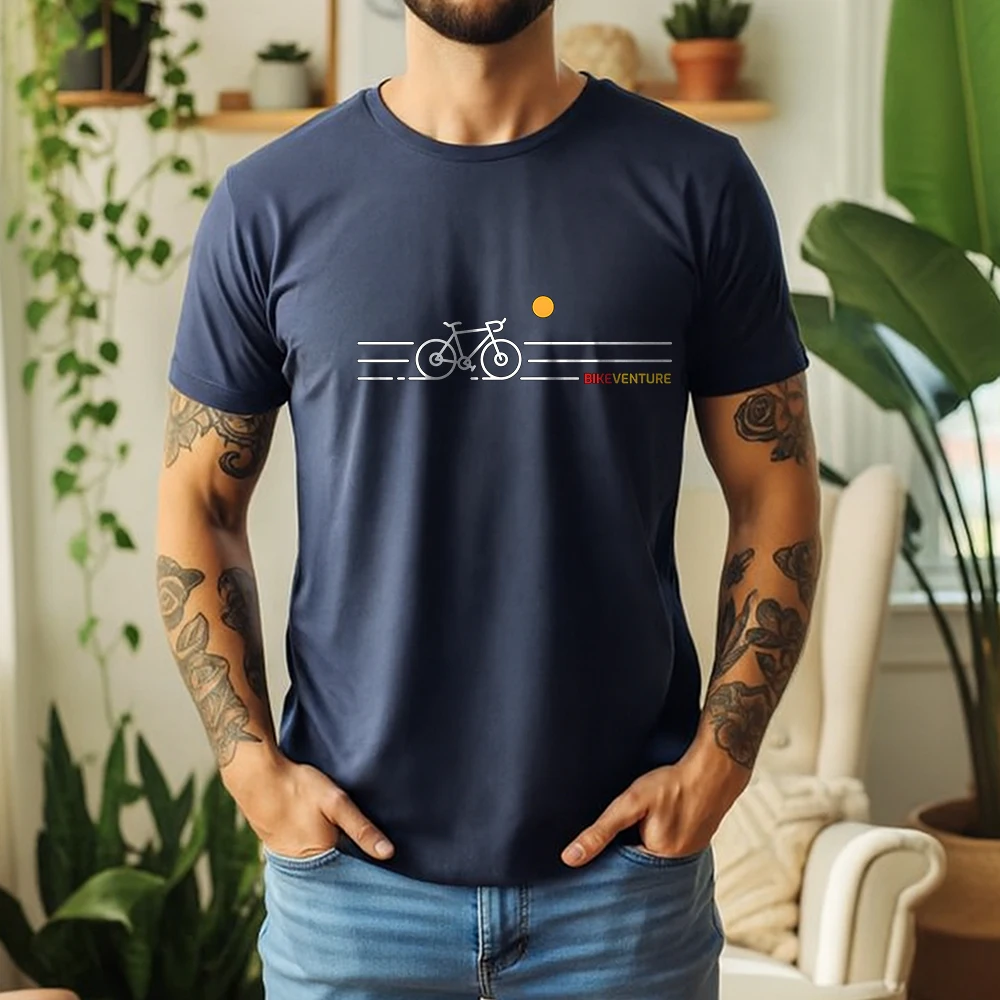 Image of 100% Baumwolle Bikeventure Radsport-T-Shirt Minimalistische Linienkunst Fahrrad Übergroßes Atmungsaktives Lässiges Kurzarm-Shirt