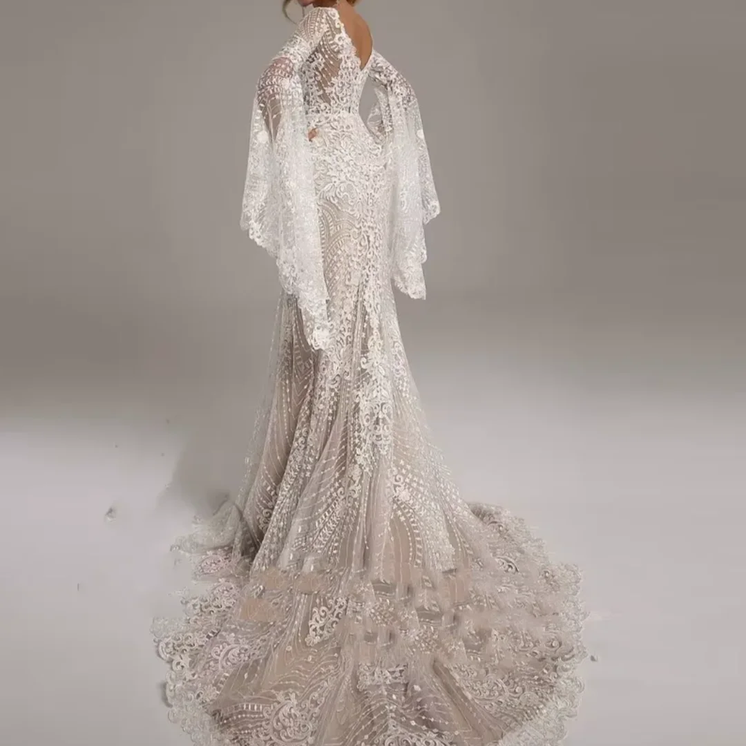 Luxury Champagne Beach Bridal Gown Bride Robe Lace Boho Puffy Long Sleeve Mermaid Wedding Gowns Customized