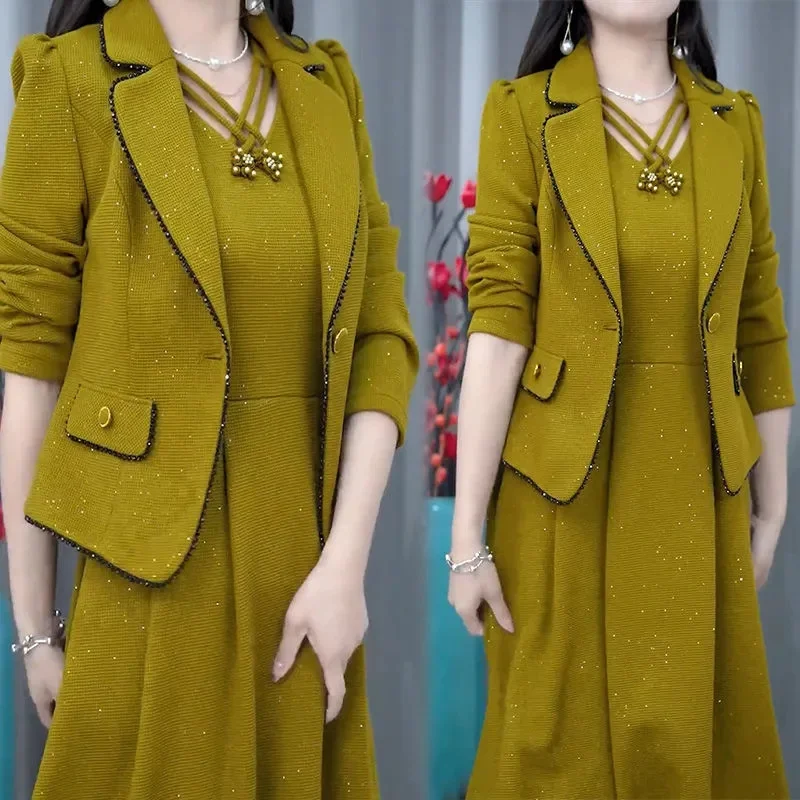 Gaun wanita paruh baya, set gaun wanita paruh baya musim semi musim gugur High End elegan Blazer mantel dan gaun panjang 2 potong gaun temperamen OL wanita