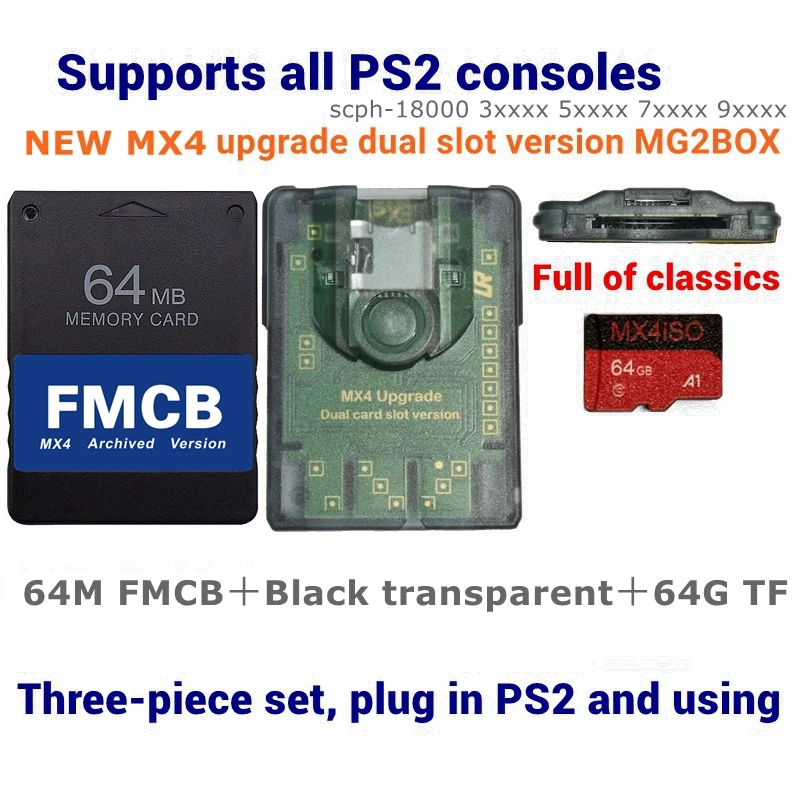 Transparente preto e cartão FMCB, PS2, MX4 atualizado, TF, cartão SD com pacote de combinação ISO PS2, PS2, MX4, 64G, 128G, 256G, MG2BOX