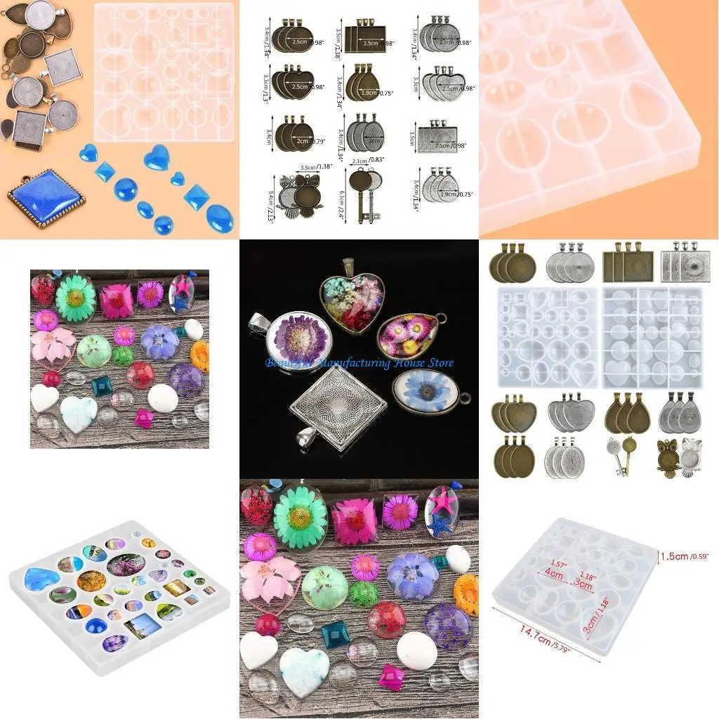 

E56A UV Epoxy Resin Mold Round Square HeartGemstone Ornaments Silicone Mould
