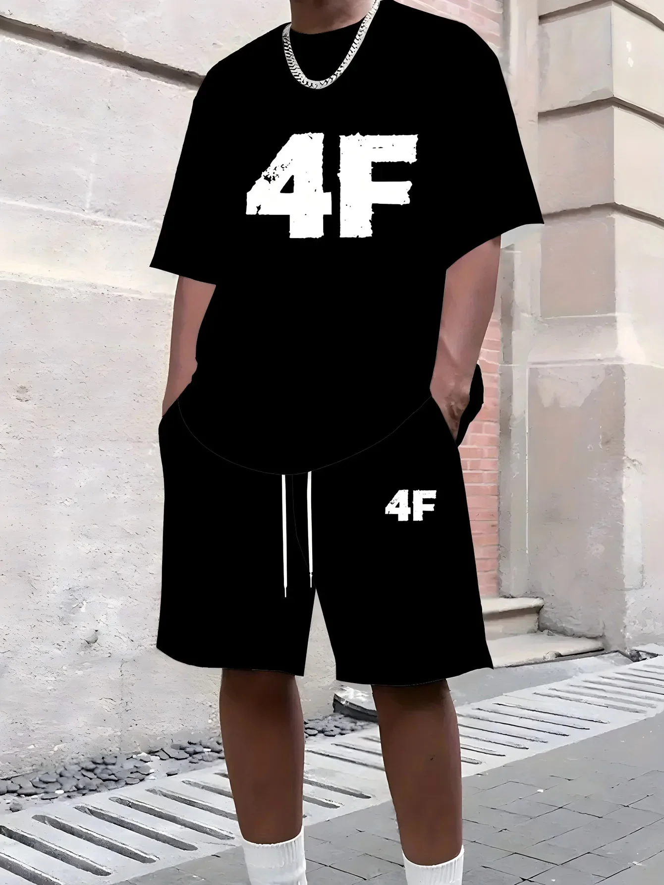 

Men's Summer Fashionable Casual T-Shirt And Shorts Set Loose 4F Pattern Printed Sporty Round-Neck Short-Sleeved Outfit