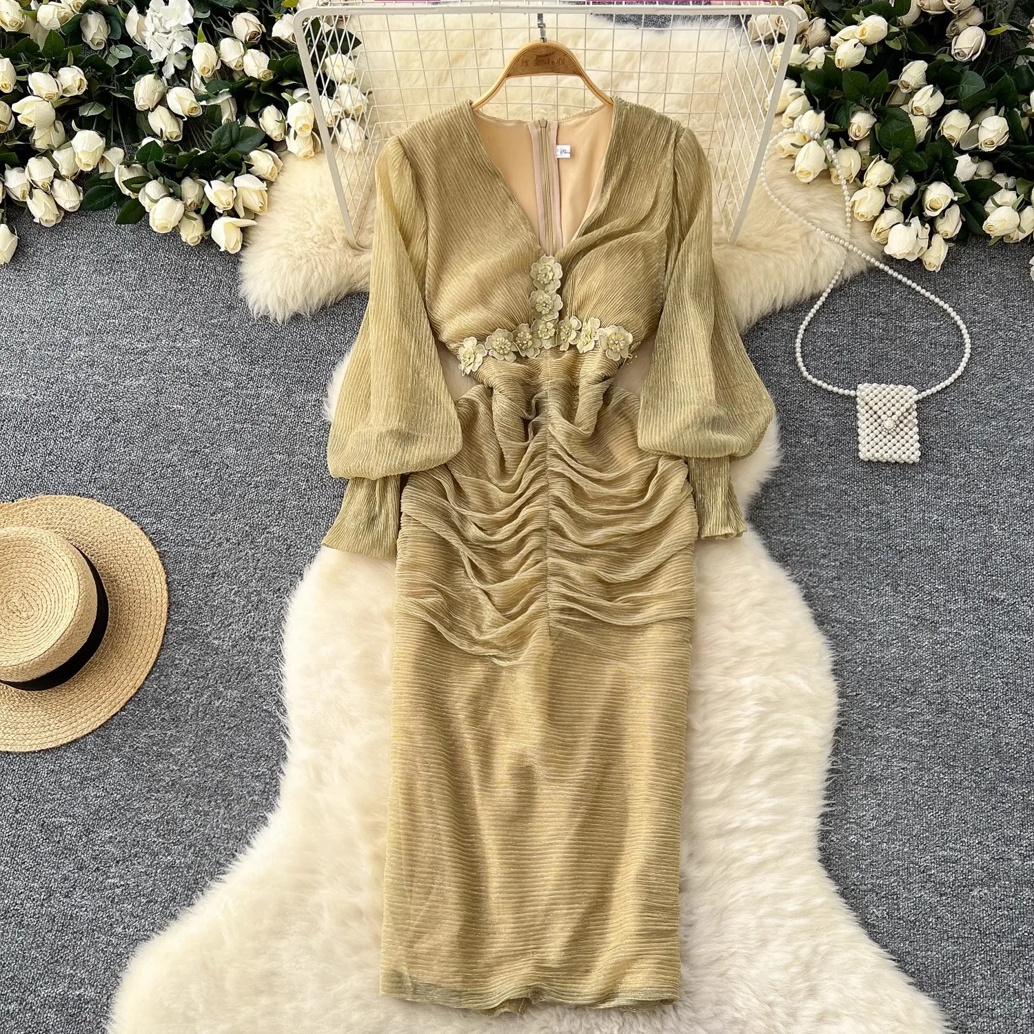 French Elegant Crystal Mesh Draped Dress Women's V-Neck Embroidery Lantern Sleeve Shine Silk Folds Bodycon Evening Party Vestido