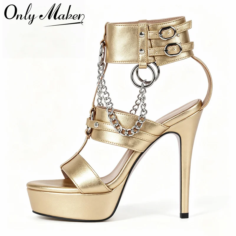 Onlymaker Gold Platform Stiletto Sandals Punk Metal Chain Ankle Buckle Open Toe T-Strap Gladiator High Heels Party Dress Heels