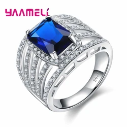 Top Selling Charming Shiny Blue Lucky Crystal Stone Ring Banquet Woman Jewelry 925 Sterling Silver For Wedding Prom