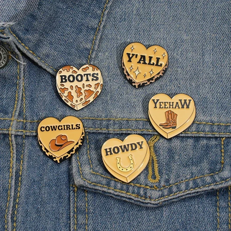 Vintage Heart Cowgirls Enamel Pins Creative Western Howdy Boots Brooches Backpack Decor Lapel Badge Jewelry Gift for Friends