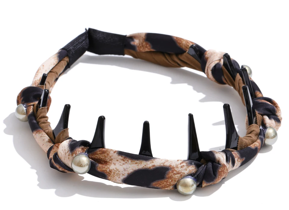 Yhpup Vintage Leopard Polyester Tuch Perlen Rutschfestes Band Zähne Haarreifen für Frauen Haarband Zubehör – Detail 2