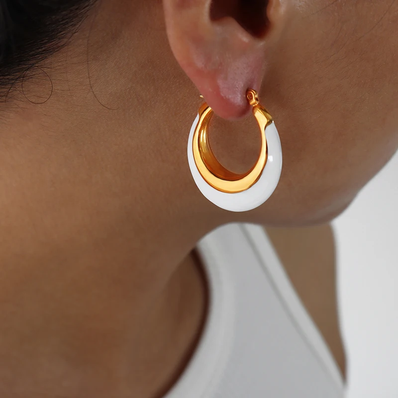 

Stainless Steel Hoop Earrings for Women 18k Gold Plated With Black White Enamel Drop Earring Chunky Ear Hoops Daily Wear Jewelry