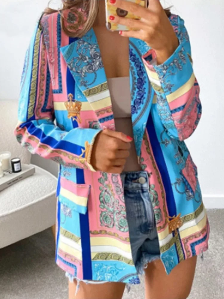 

Модный костюм с принтом, пальто для женщин, повседневное пальто с длинным рукавом и v-образным вырезом на одной пуговице, топы, женская праздничная офисная женская одежда, весенняя одежда