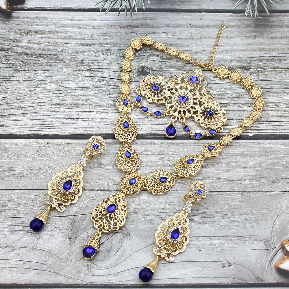 Sunspicems Gold Color Moroccan Bride Jewelry Sets for Women Caftan Brooch Earring Necklace Set Algeria Flower Pendant Necklace