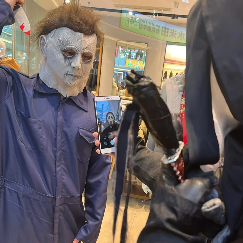 Conjunto de Disfraz de Michael Myers para Halloween - Traje Azul con Máscara de Látex y Cuchillo Sangriento de Accesorio
