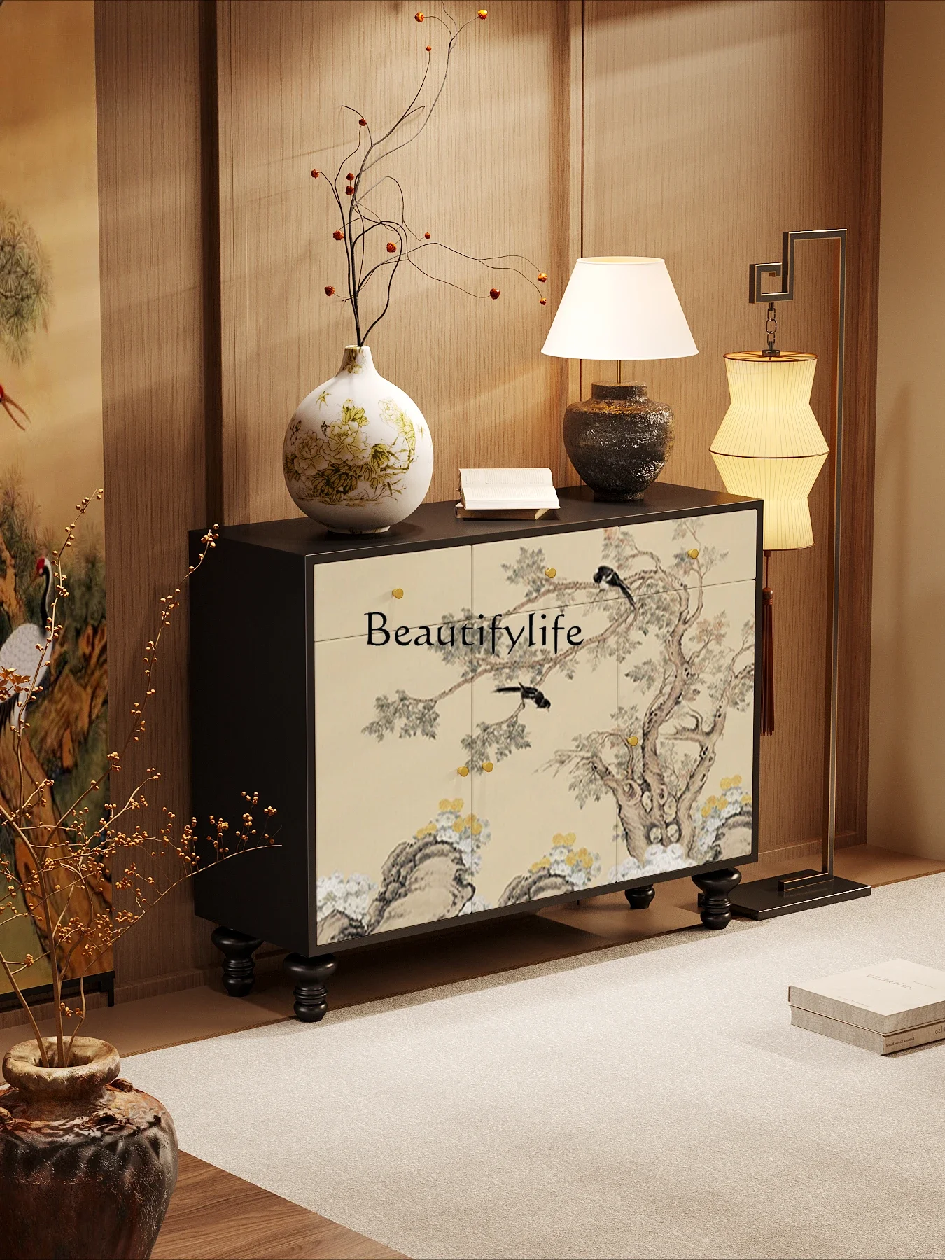 French antique flower and bird living room household storage cabinet solid wood decorative entrance cabinet