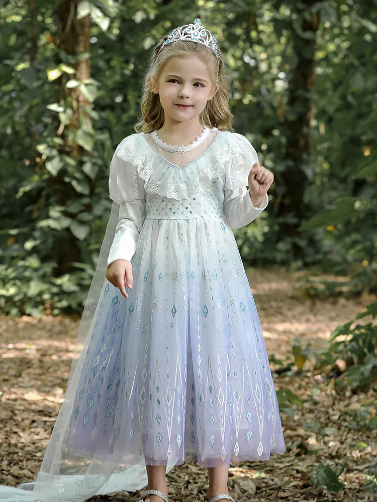 

Kids Dresses Autumn Winter New Snow and Ice Princess Elsa Frozen Dress for Girls Birthday Party White Gradient Aisha Mesh Dress