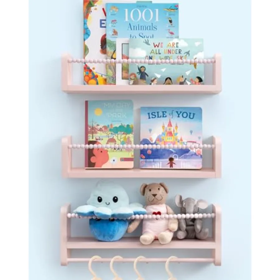 

Nursery Book Shelves, Set of 3 Bookshelves Natural Wood Wall Mount Organizer with Towel Bar Hanging Nursery Decor for Room, Pla
