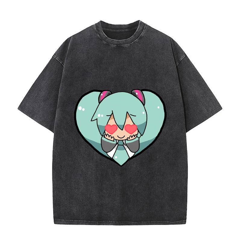 FuFu Hatsune Miku Anime Figure Short Sleeve Couple Men\'s and Women\'s Retro Washed Casual Fashion Pure Cotton T-shirt Gifts