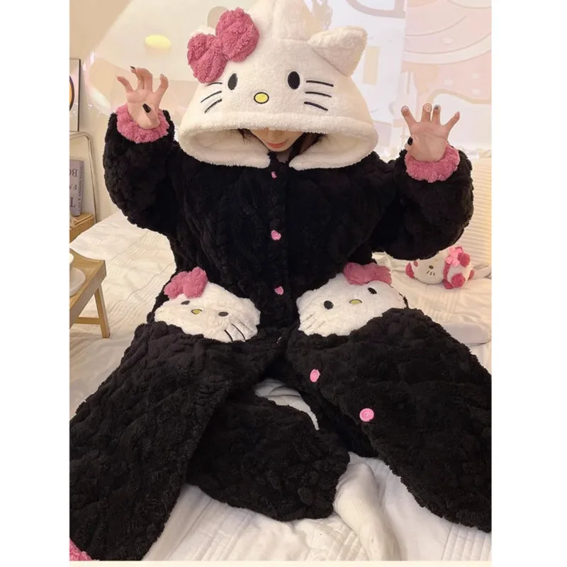 Miniso Hello Kitty Hooded Pajamas Suit For Women Coral Velvet Three Layer Extra Thick Cotton Home Outdoors Clothes Set In Winter