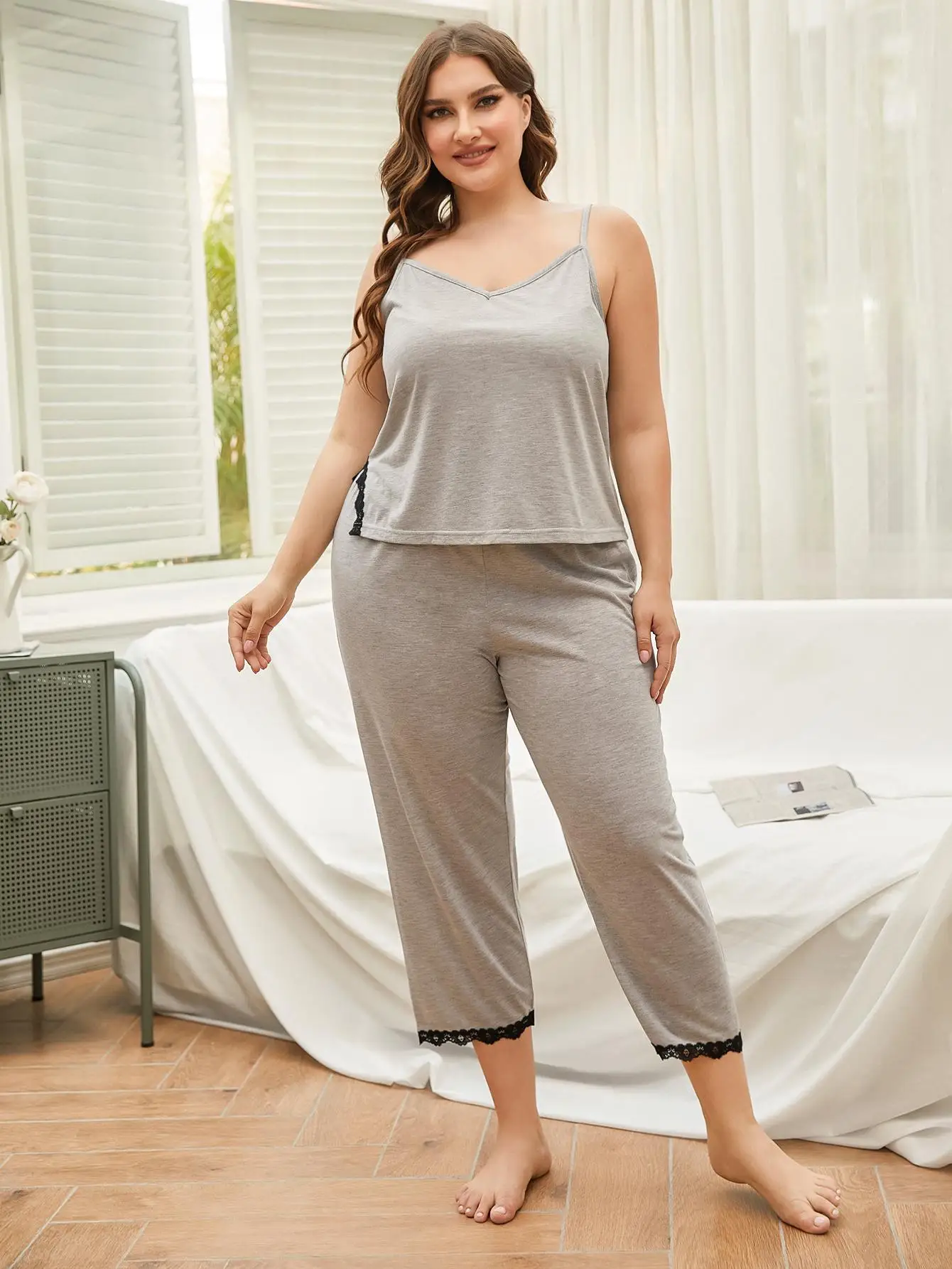 Summer Plus Size Women\'s Pajamas Set Luxury V Neck Sexy Sleepwear Sling Top Nightwear Home Clothes Suit Femme Cloth Lace Edge