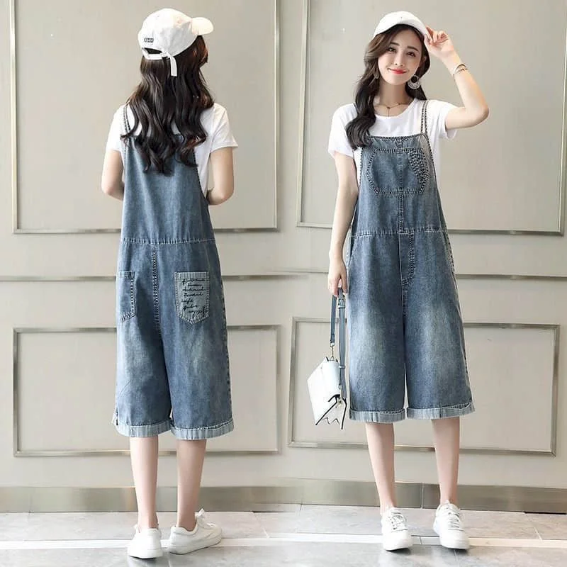 Denim Jumpsuits for Women Casual Playsuits Solid Vintage Printed Pocket Overalls Loose Rompers One Piece Outfits Women Clothing