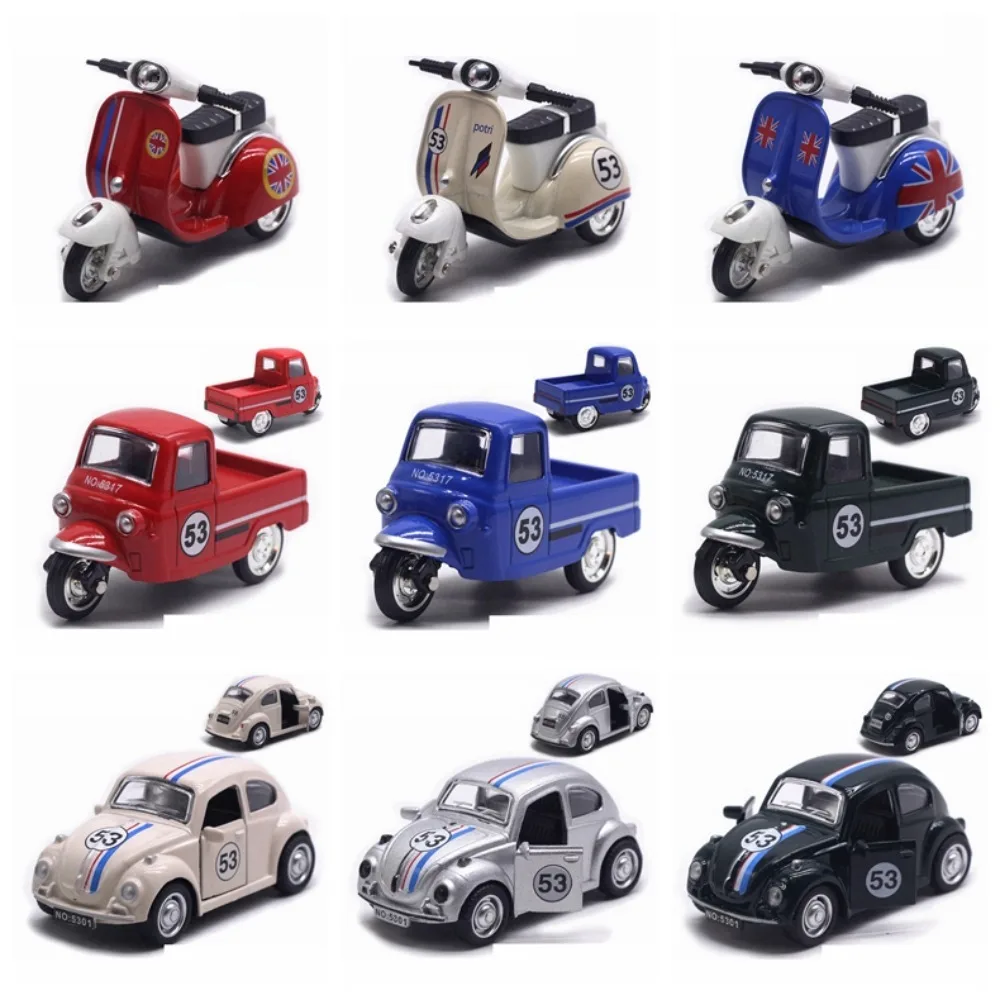 

New Alloy Pullback Car Retro Style 1:43 Three Wheeled Vehicle Model Cartoon Design Door Can Open Motorcycle Model