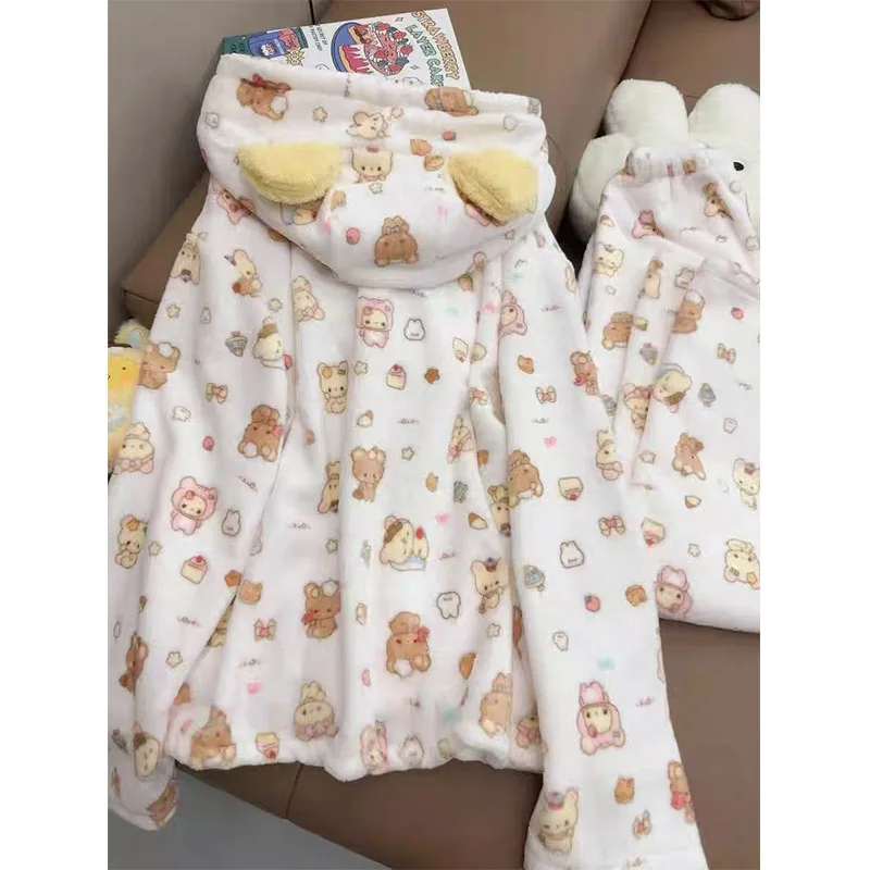 

Kawaii Rilakkuma Hooded Pajama Women's Autumn and Winter New Collection with Thick Velvet for Warmth Cute Student Home Clothes