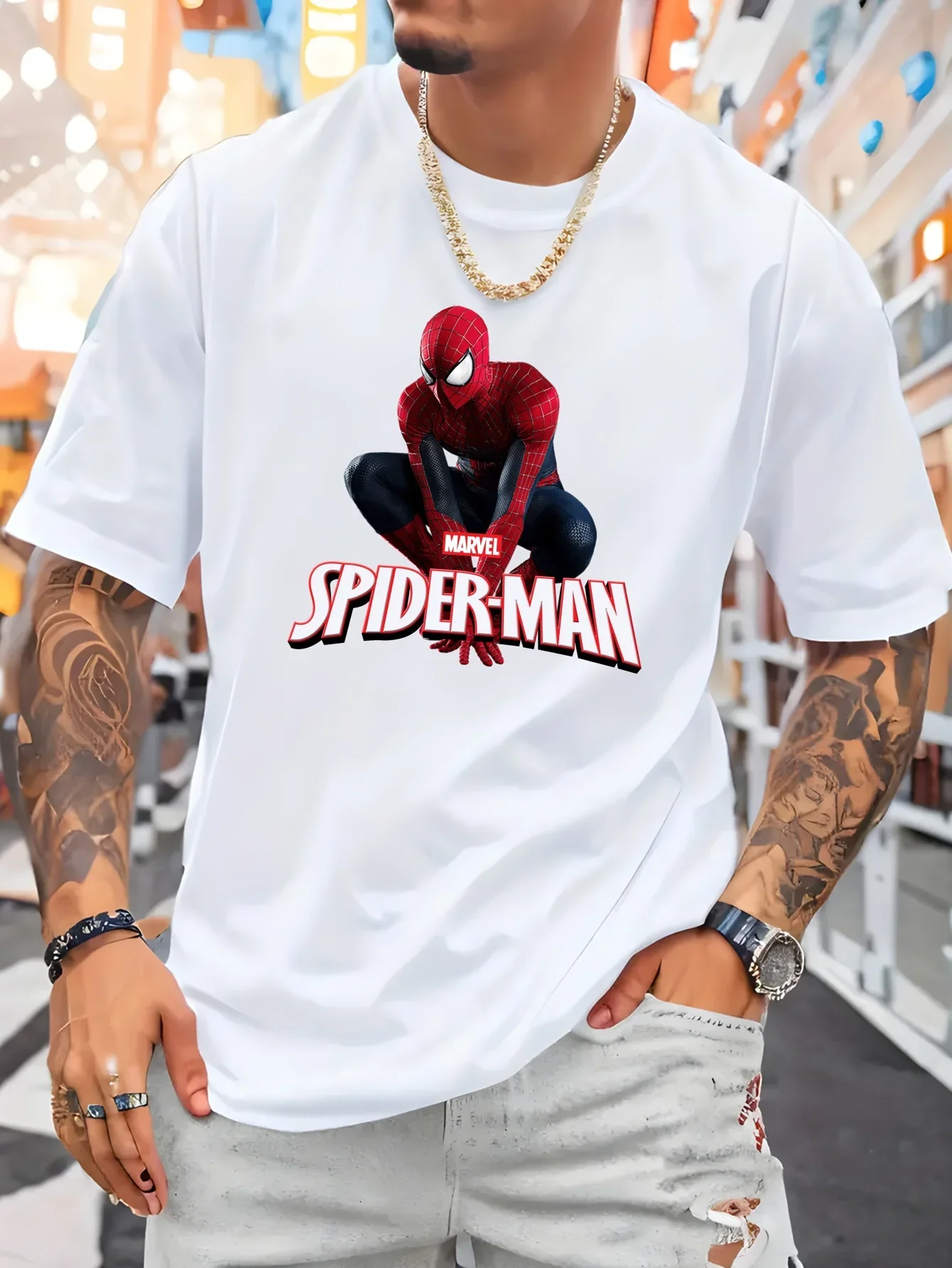 Marvel T-Shirts Spiderman Disney Avengers  Men's Crew Neck Short Sleeve Cotton Tee Fashion T-Shirt Casual Comfy Breathable Top