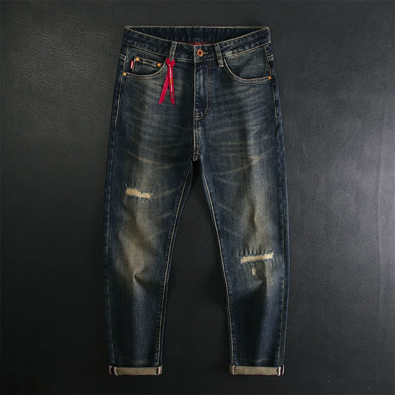 

High end retro distressed patch jeans for men, slim fit, small straight tube, elastic and wear-resistant autumn long pants