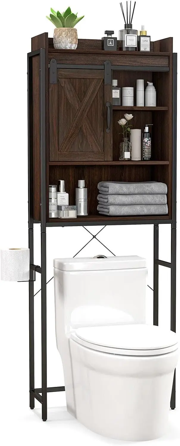 

Saver with Adjustable Shelves & Sliding Barn Door, 4-Tier Over Toilet Bathroom Organizer, 25 x 9.5 x 67.5 inches (Espresso)