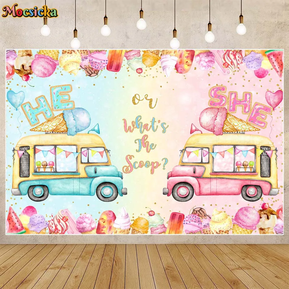 

Mocsicka Ice Cream Truck Gender Reveal Backdrop He or She Newborn Party Decor Background Dessert Table Banner Photo Studio Props