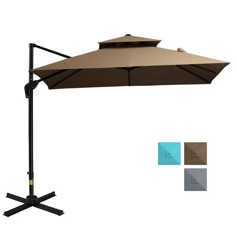 

10ft Offset Patio Umbrella with Base, Double Top Hanging Aluminum Cantilever Umbrella with 360° Rotation, Easy Tilt, 8 Ribs,