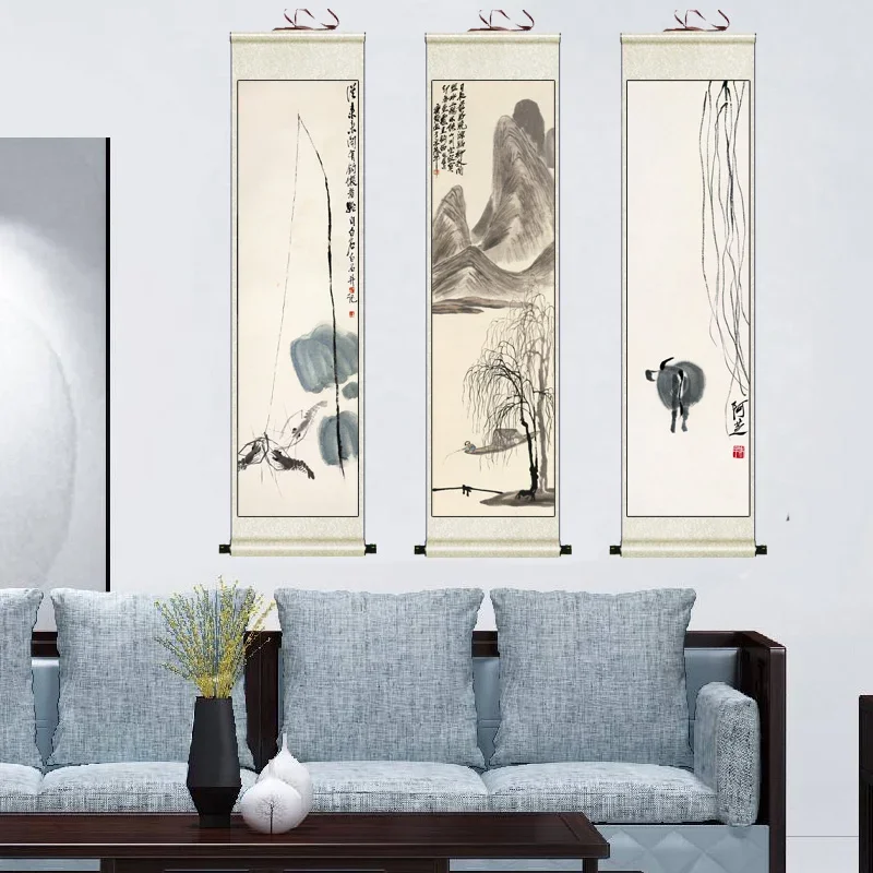 Scroll Painting, Lotus Drawing, Shrimp Diagram Chinese Painting Rice Paper Poster Canvas Living Room, Study, Office Home Decor