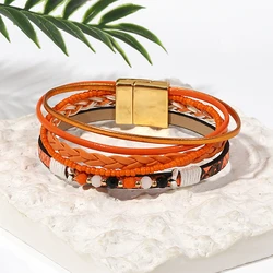 ALLYES Boho Seed Beaded Handmade Braided Leather Bracelet for Women Halloween Orange Pumpkin Ghost Wrap Bracelets Charms Jewelry