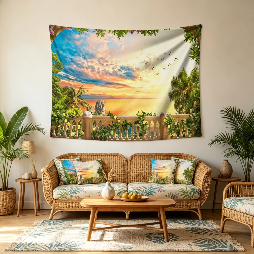 1PC Arch Ocean Sunset View Art Print Backdrop Banner, Bedroom Living Room Photo Background, Polyester, Home Decor, Wall Art