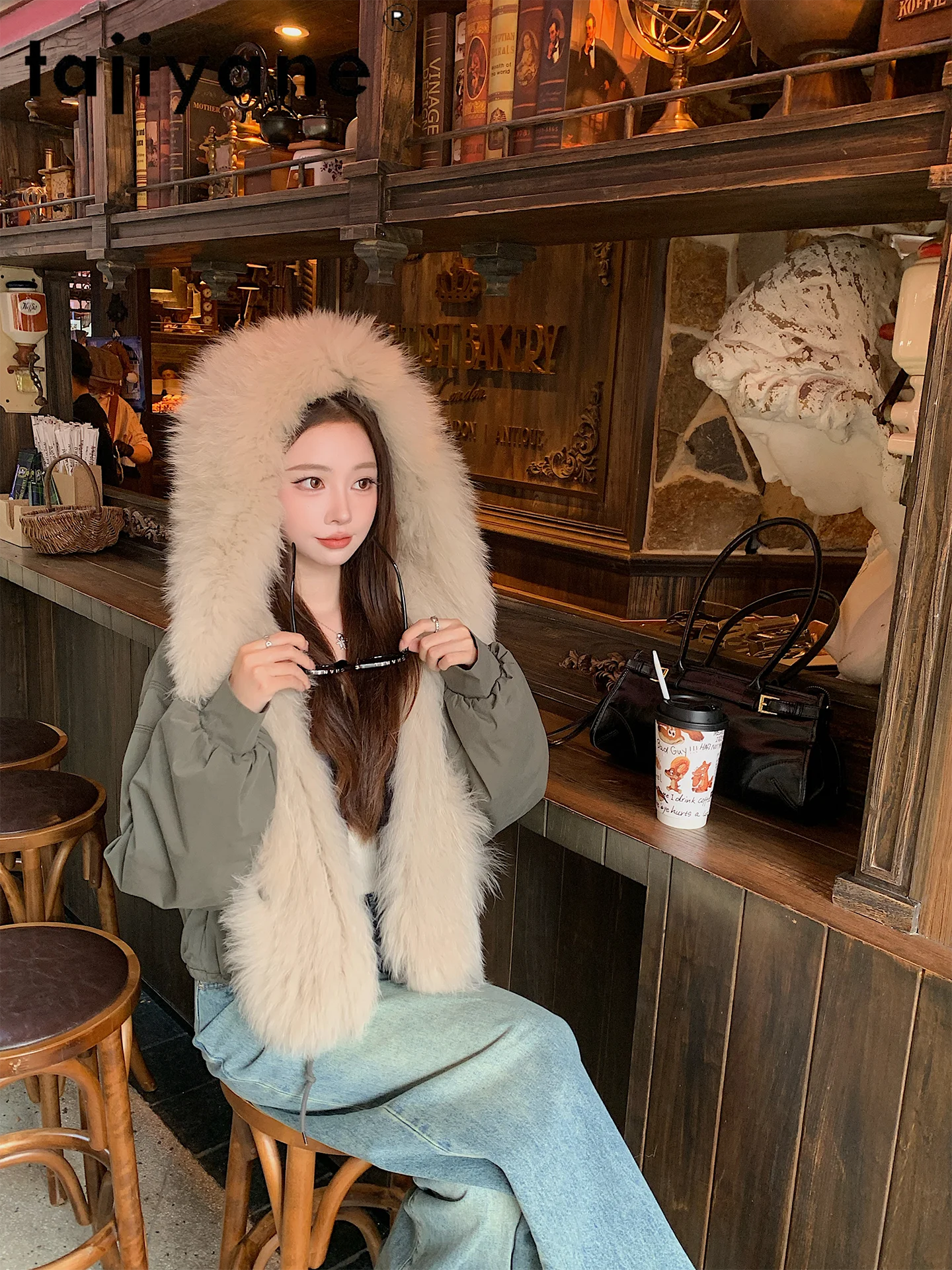 TAJIYANE レディース ホワイトグースダウンジャケット 暖かいフード付きフォックスファー襟付きレディースパーカーコート 2025年新作冬服 女性服 ropa mujer