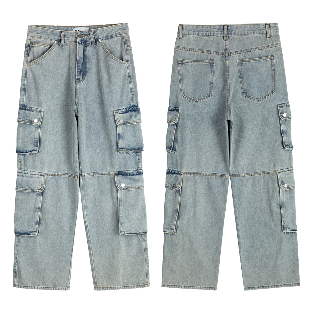 الشارع الشهير المتعثرة التصحيح جيوب البضائع الدنيم الجينز ملابس للرجال الهيب هوب الشارع نمط عادية الدينيم مضيئة روك إحياء الجينز #2