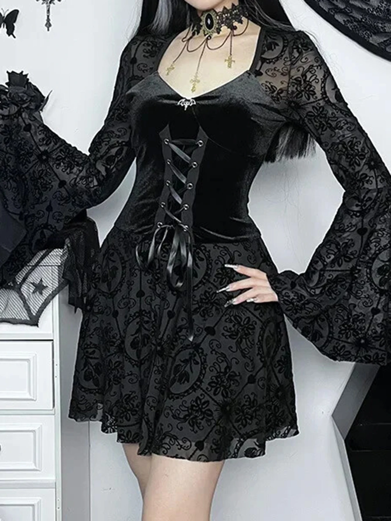 Vestido feminino de manga comprida com cadarço e decote em V primavera verão K-Fashion Hotsweet cintura cortada estilo retrô vintage para mulheres