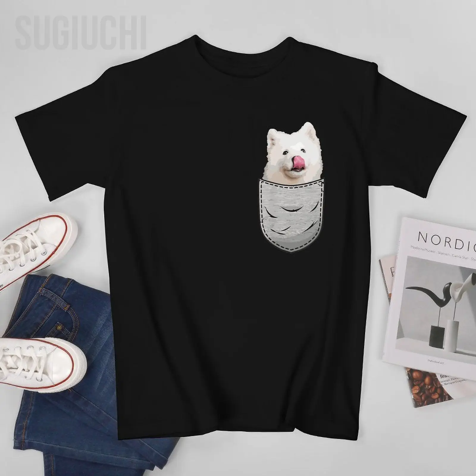 Unisex Men Samoyed Chest Pocket for Dog Owner Tshirt Tees T Shirts Women Boys 100% Cotton T-Shirt