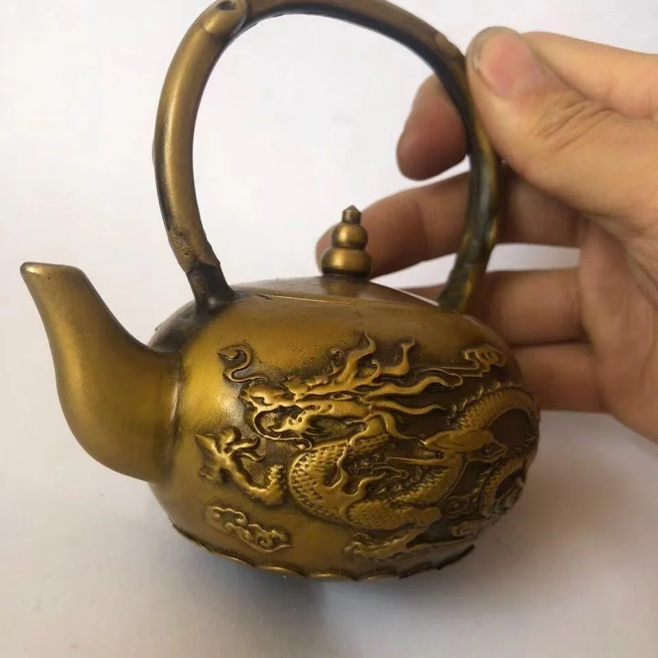 

Old Chinese Dragon and Phoenix Teapot, Qing Dynasty Qianlong Pure Copper Wine Pot Flagon Ornament, Original Fengshui Decor Gift