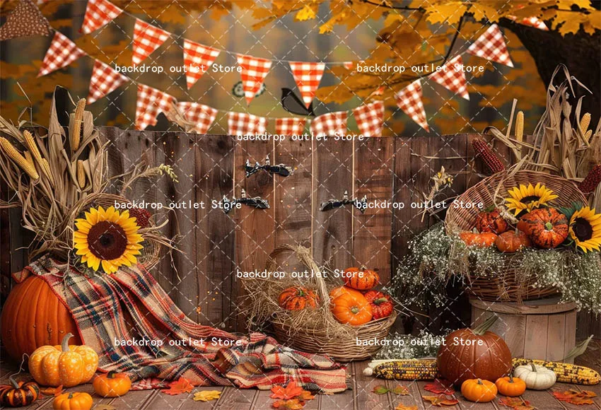 Mehofond 가을 호박 사진 배경 어린이 생일 파티 소박한 나무 배경 해바라기 건초 더미 단풍잎 장식