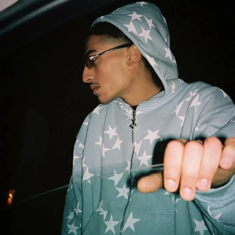 Europa Amerikanischen High Street Star Print Lose Beiläufige Mode Strickjacke Zipper Mit Kapuze Sweatshirt Mantel Herbst Winter männer frauen