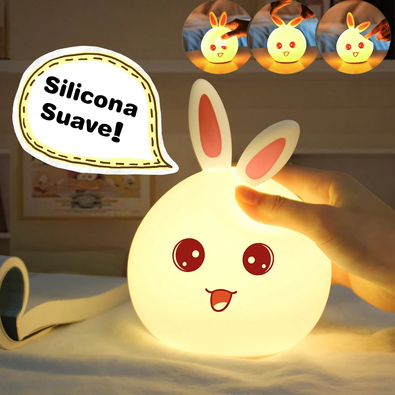 Cute Rabbit Clap Night Light Table Light Soft Silicone Animal Lamp 7 Color Bedroom Decoration Cartoon Children Sleeping LED Lamp