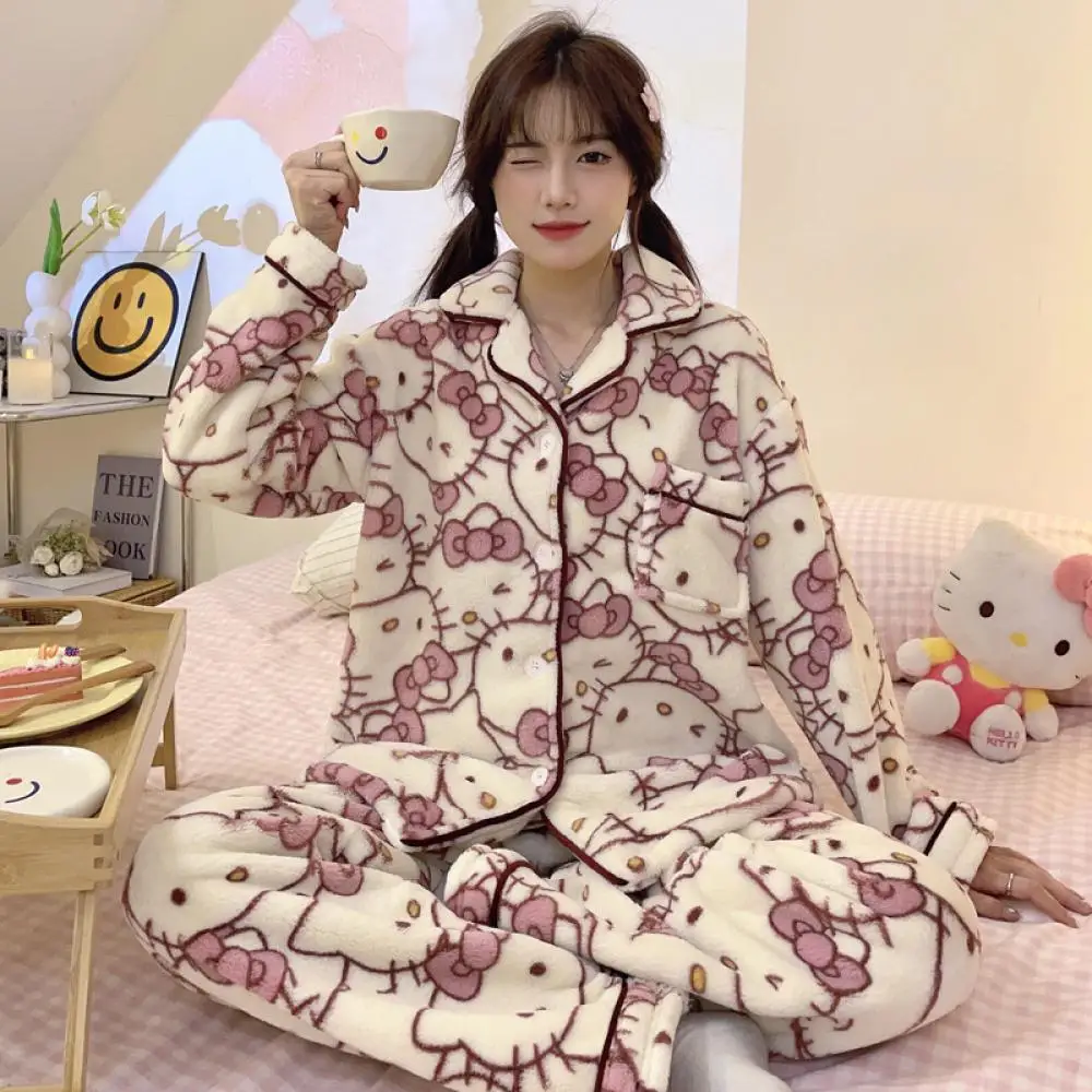 

Sanrio мультфильм Hello Kitty коралловый бархат домашняя одежда аниме женский плюшевый пижамный комплект из 2 предметов Kawaii осенняя домашняя одежда утепленная милая одежда для девочек
