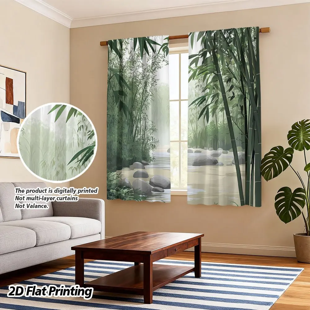 Fresh Ink Bamboo Forest Curtain Clear Stream Rock Print Light Filter Drape For Living Room Bedroom Hotel Indoor Home Ornament