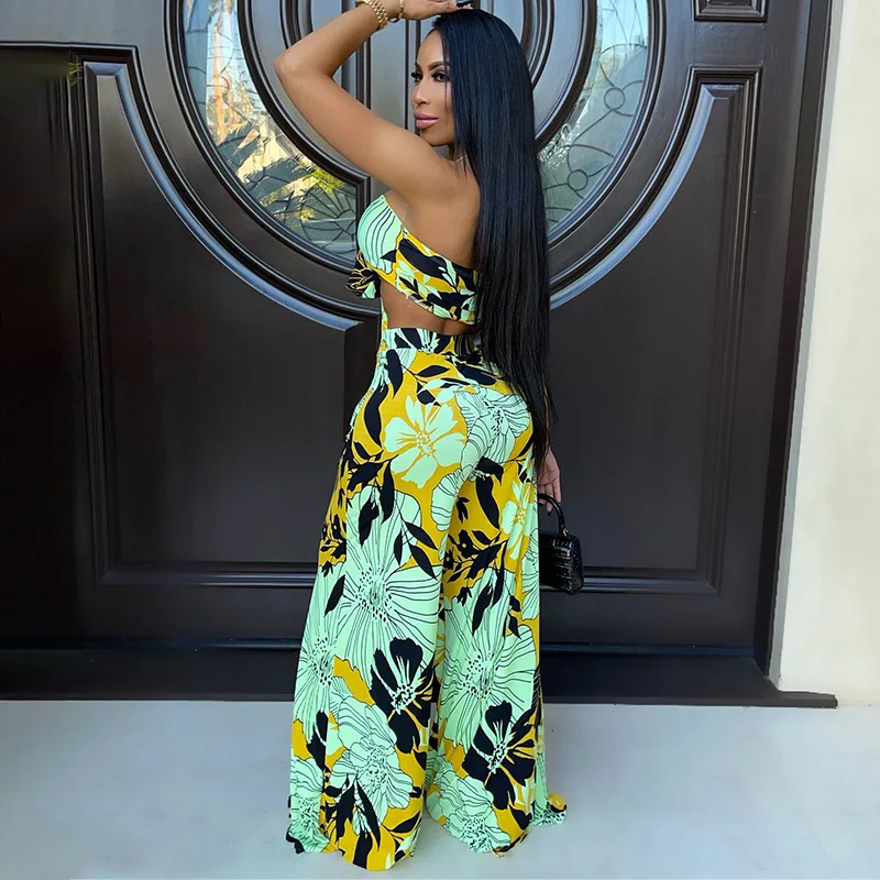 سراويل نسائية بأرجل واسعة ، رقبة على شكل V ، بدون أكمام ، أنبوب مكشوف الظهر ، ملابس صيفية ، ملابس الشارع الشهير ، طباعة على الموضة ، 2 أو