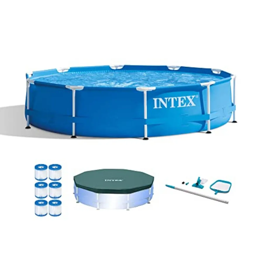 

10' x 30 Round Outdoor Swimming Pool Set with Metal Frame Blue Color 330 GPH Filter Pump Maintenance Kit Cover and 6 Filter Car