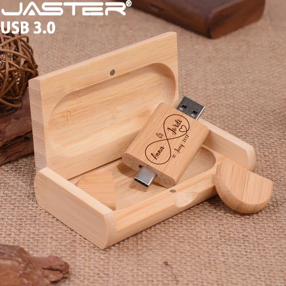 JASTER TYPE-C USB 3.0 플래시 드라이브, 무료 사용자 정의 로고 펜 드라이브, 나무 상자 메모리 스틱, 32GB 고속 U 디스크, 2 in 1, 128GB, 64GB