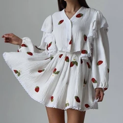 Two Piece Skirts Set Women Summer Cotton and Linen V-Neck Pile Up Sleeve Tops and Mini Skirt Outfit Lady Casual Sweet Dress Sets