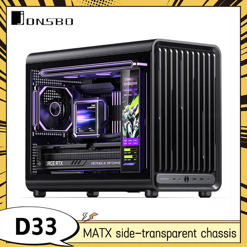 JONSBO D33 블랙 컴퓨터 케이스 측면 투명 섀시 마그네틱 그릴 패널 디자인 M-ATX 버전 후면 장착형 마더보드