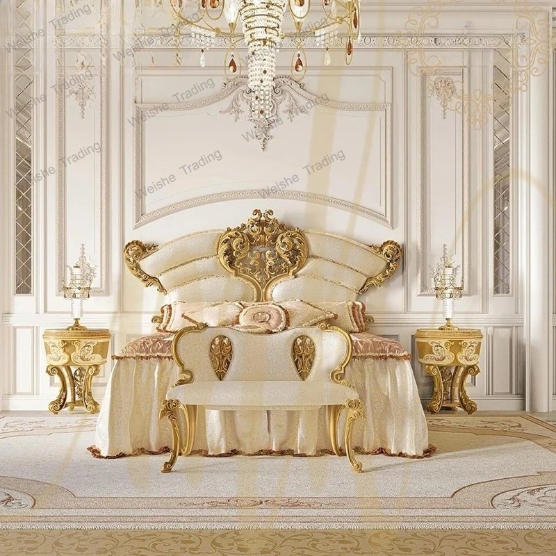 Designer Backrest High Double Bed Velvet Luxury Gold Big Princesse Adults Beds Bedroom Wooden Modern Furniture