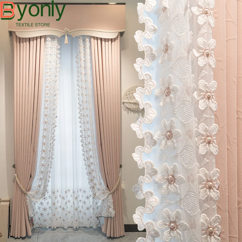 

Princess Style Pink Jacquard Chenille Lace Patchwork Curtains for Living Room Bedroom French Window Balcony Customized Valance