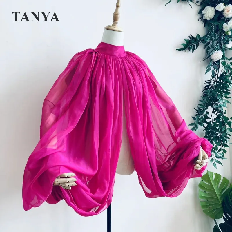 Hot Pink Silk Chiffon Wedding Cloak Puffy Sleeves Jacket Bridal Accessories Short Bolero Shawl Free Size High Neck With Buttons